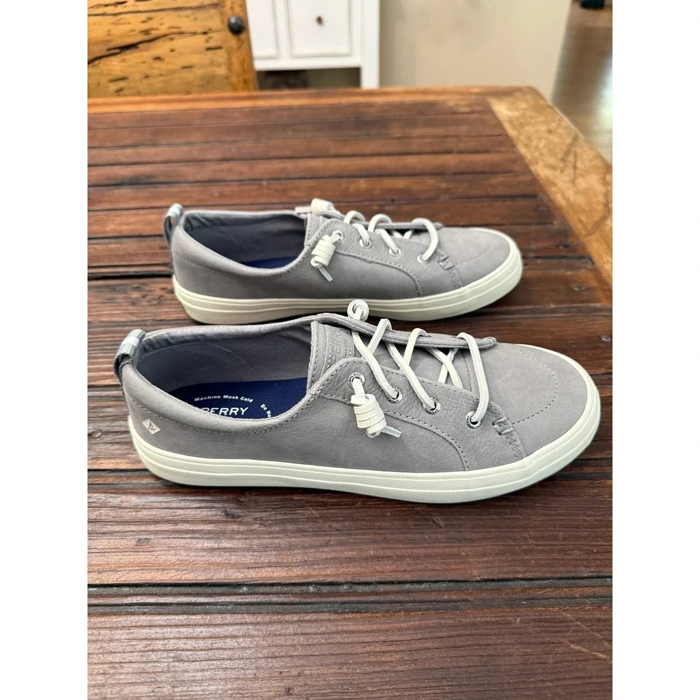 Sperry Crest Vibe Washable Leather Barrel Lace Sneakers Light Grey 8.5 Preppy